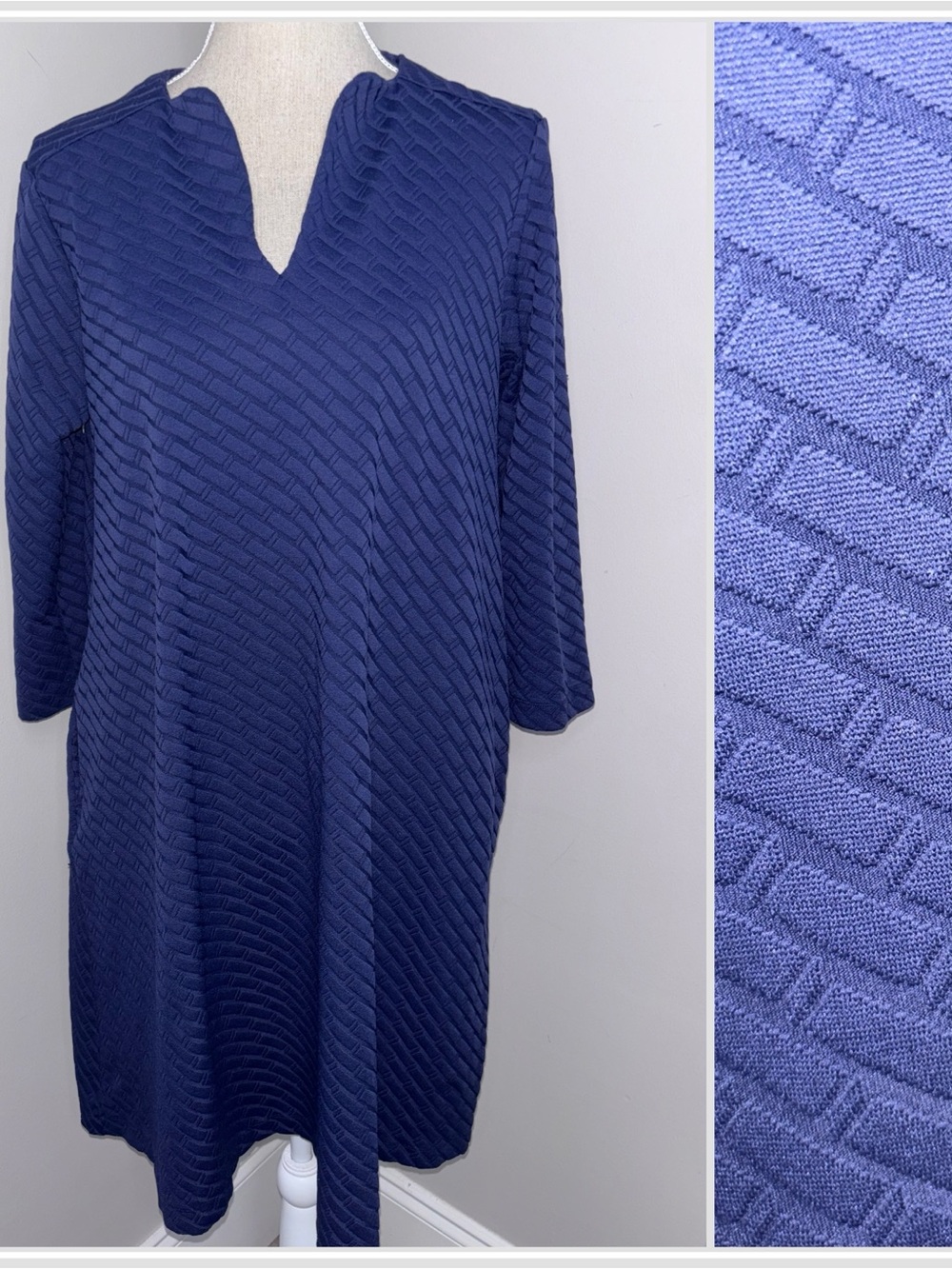 J. McLaughlin Octavia navy blue geometric jacquard 3/4 sleeve shift dress Large